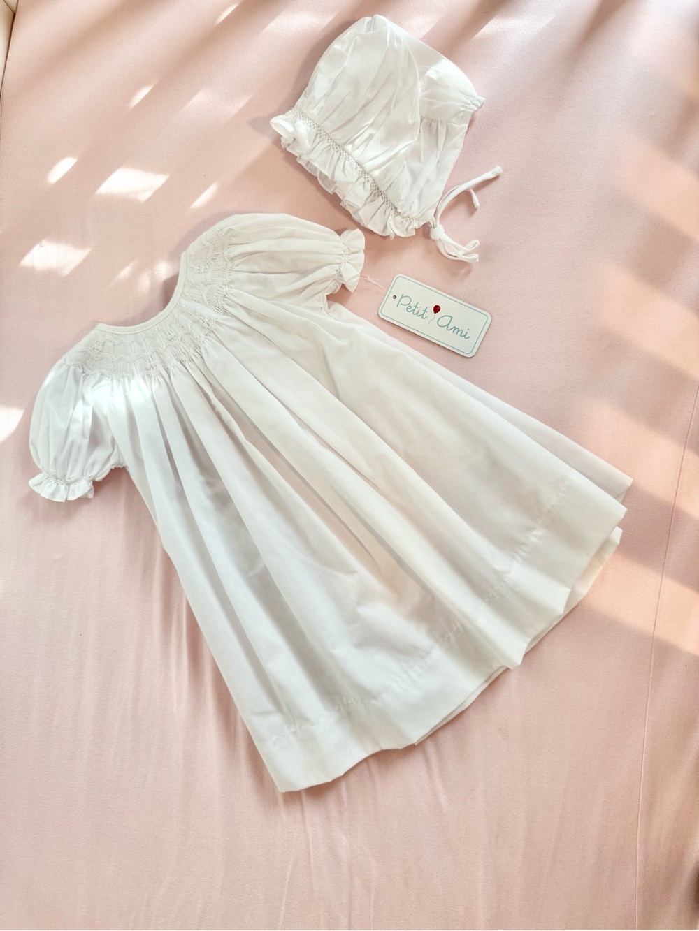 NWT Petit Ami Ivory Smocked Baby Dress with Bonnet